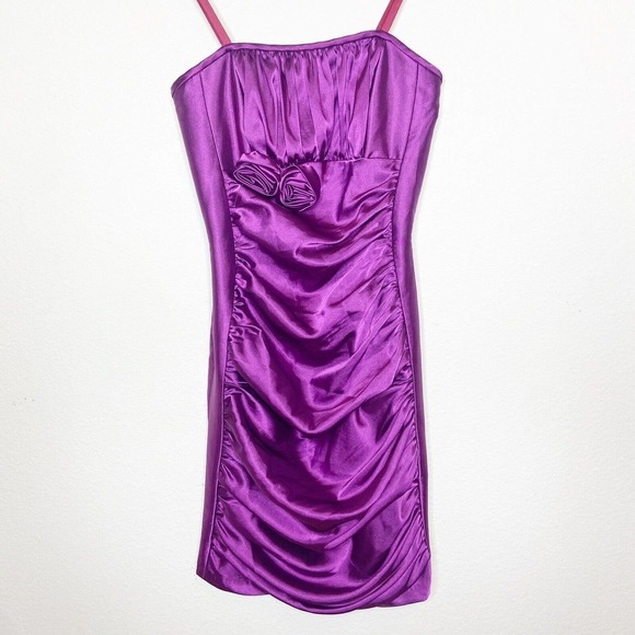 Jessica McClintock Ruched Strapless Rosette Applique Satin Purple Dress S - Picture 1 of 7